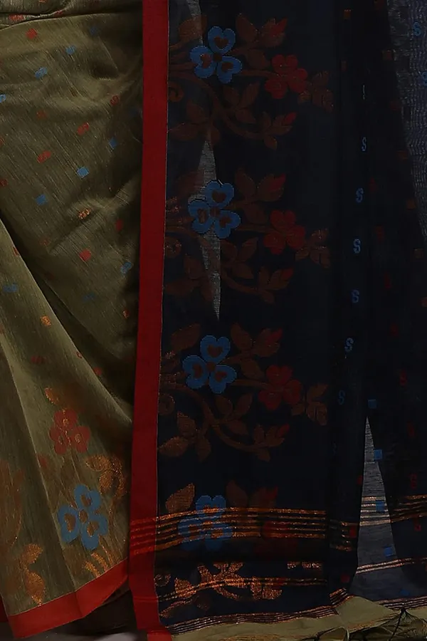 Olive_Green_Cotton_Silk_Handloom_Saree_With_Copper_Zari_Floral_Border_Work_For_Women