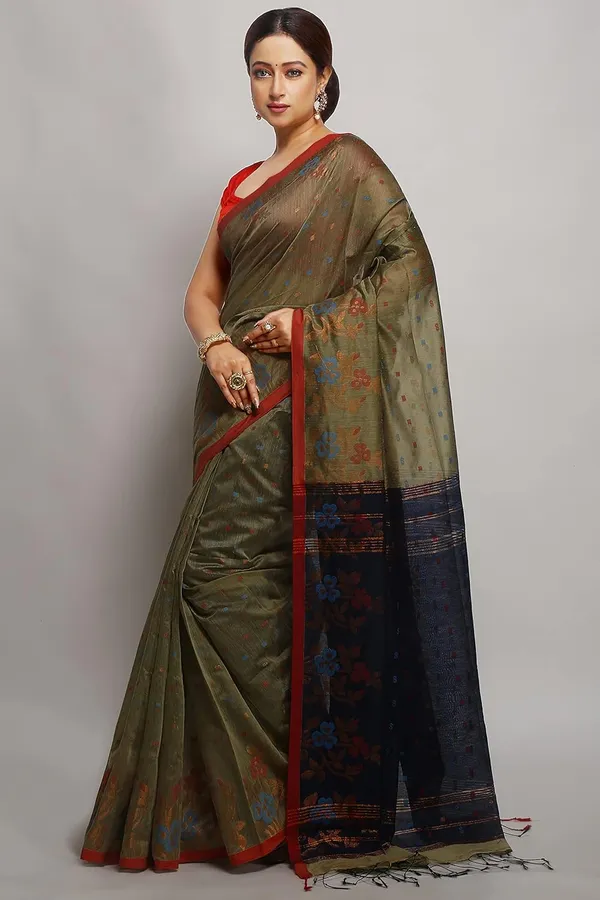 Olive_Green_Cotton_Silk_Handloom_Saree_With_Copper_Zari_Floral_Border_Work_For_Women