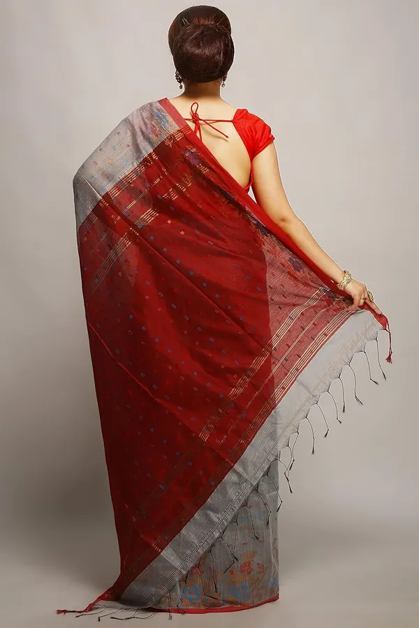 Silver_&_Red_Cotton_Silk_Handloom_Saree_With_Copper_Zari_Floral_Border_Work_For_Women