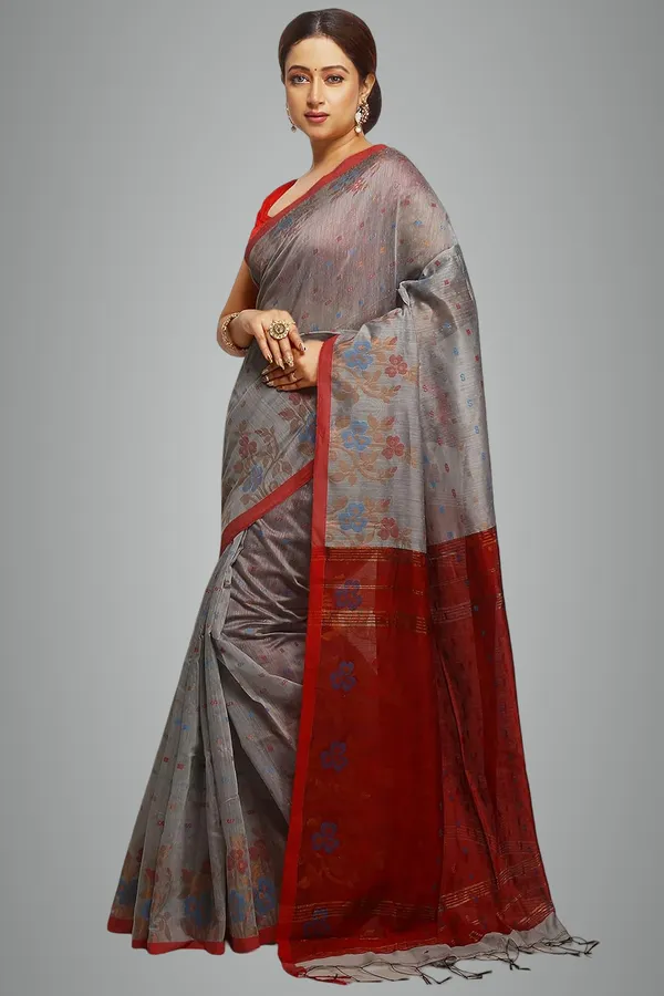 Silver_&_Red_Cotton_Silk_Handloom_Saree_With_Copper_Zari_Floral_Border_Work_For_Women