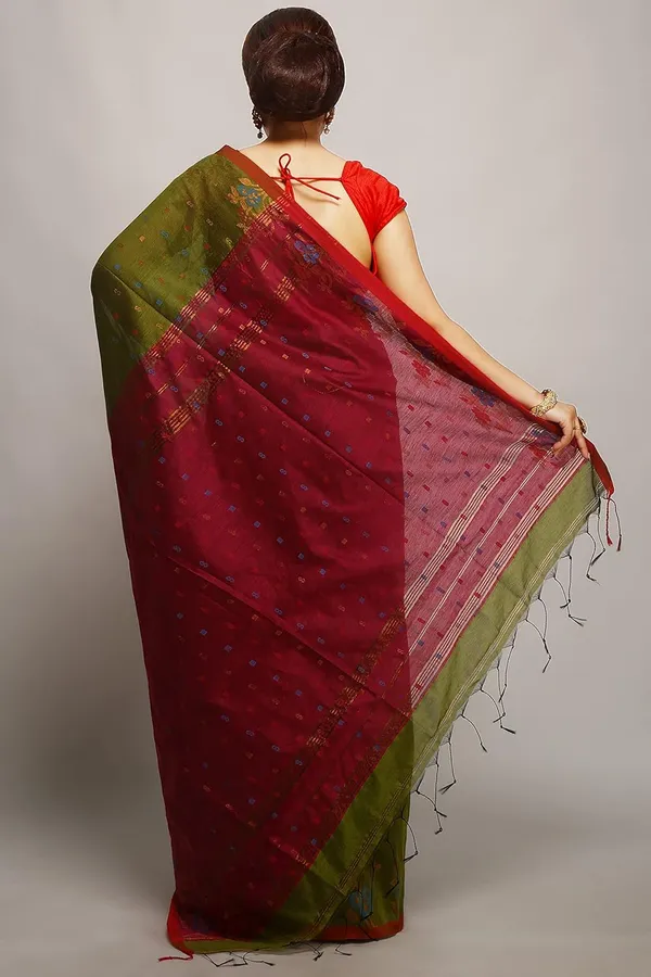 Green_&_Pink_Cotton_Silk_Handloom_Saree_With_Copper_Zari_Floral_Border_Work_For_Women