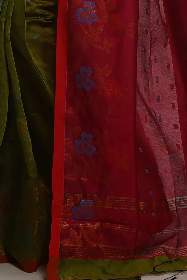 Green_&_Pink_Cotton_Silk_Handloom_Saree_With_Copper_Zari_Floral_Border_Work_For_Women