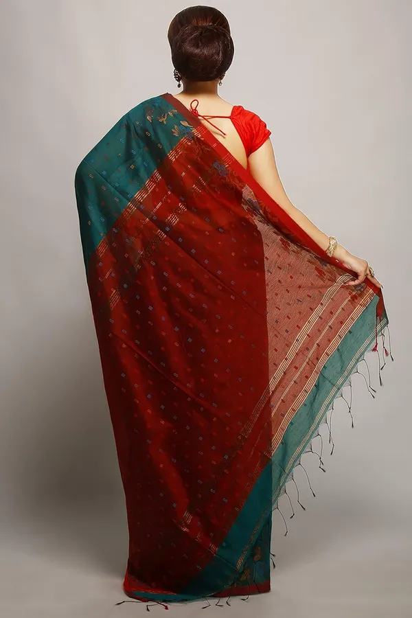 Dark_Teal_Green_&_Red_Cotton_Silk_Handloom_Saree_With_Copper_Zari_Floral_Border_Work_For_Women
