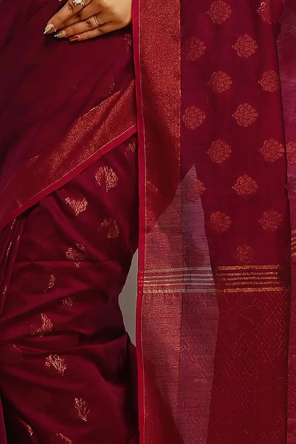 Maroon_Banarasi_Cotton_Silk_Handloom_Saree_With_Pure_Copper_Zari_Solid_Border_For_Women