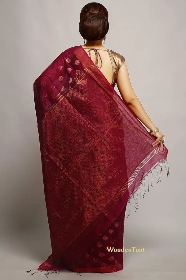 Maroon_Banarasi_Cotton_Silk_Handloom_Saree_With_Pure_Copper_Zari_Solid_Border_For_Women