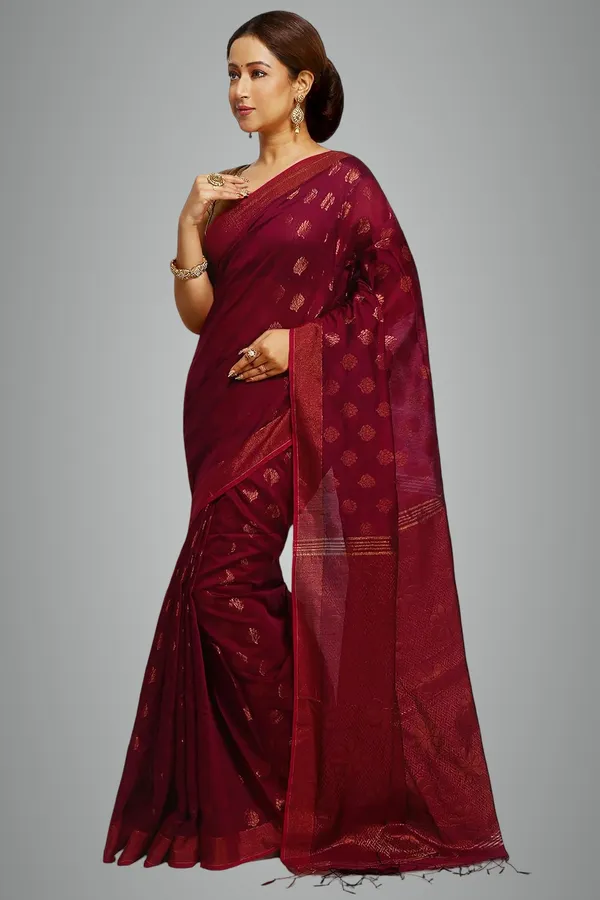 Maroon_Banarasi_Cotton_Silk_Handloom_Saree_With_Pure_Copper_Zari_Solid_Border_For_Women