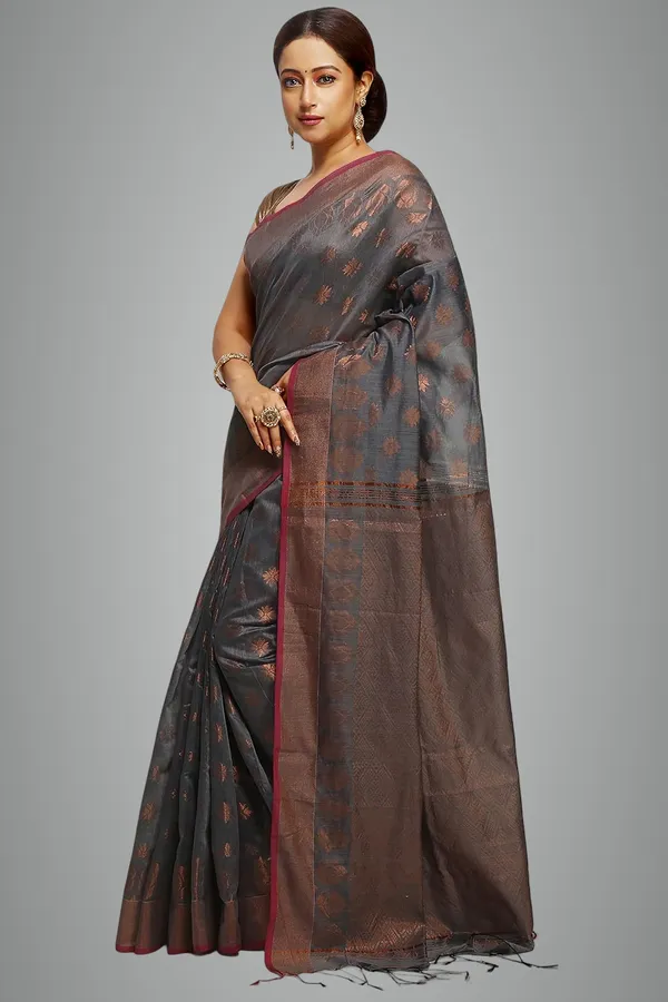 Grey_Banarasi_Cotton_Silk_Handloom_Saree_With_Pure_Copper_Zari_Solid_Border_For_Women