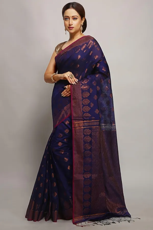 Royal_Blue_Banarasi_Cotton_Silk_Handloom_Saree_With_Pure_Copper_Zari_Solid_Border_For_Women