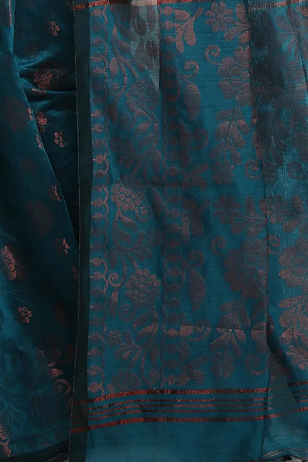 Aqua_Blue_Banarasi_Cotton_Silk_Handloom_Saree_With_Pure_Copper_Floral_Zari_Solid_Border_With_Blouse_Piece_For_Women