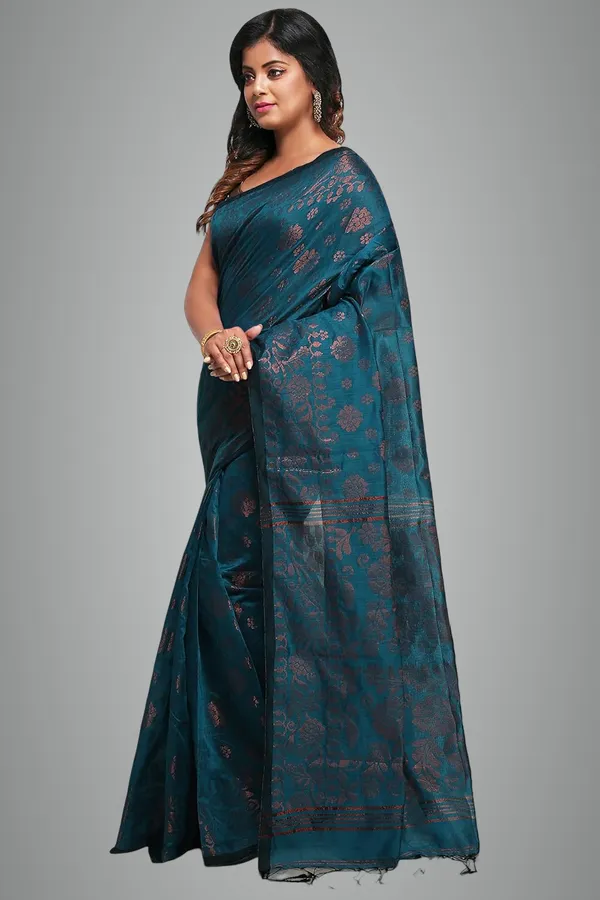Aqua_Blue_Banarasi_Cotton_Silk_Handloom_Saree_With_Pure_Copper_Floral_Zari_Solid_Border_With_Blouse_Piece_For_Women