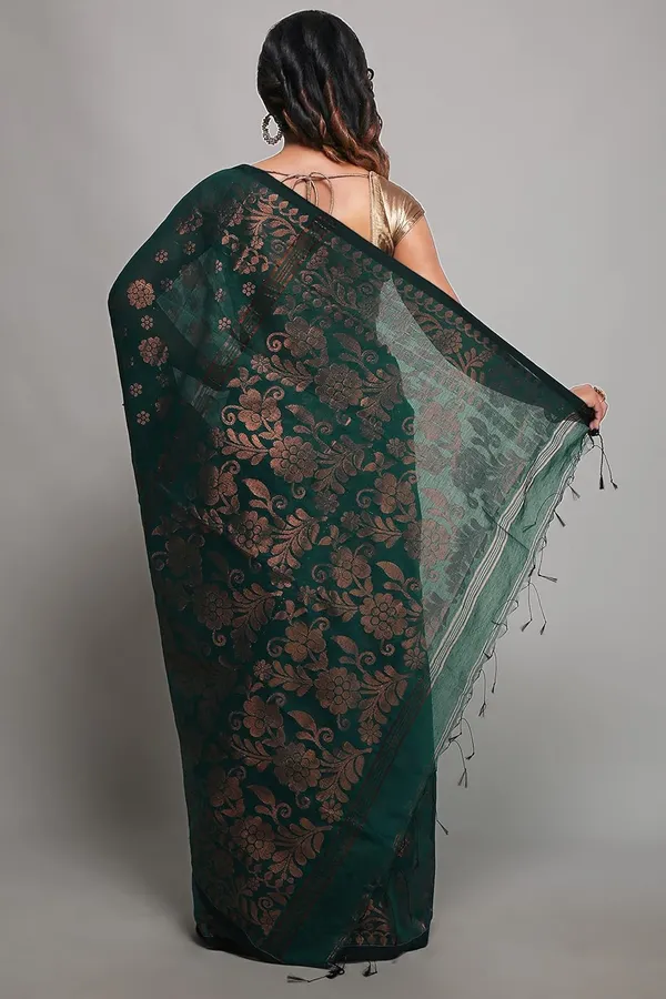 Dark_Teal_Green_Banarasi_Cotton_Silk_Handloom_Saree_With_Pure_Copper_Floral_Zari_Solid_Border_With_Blouse_Piece_For_Women
