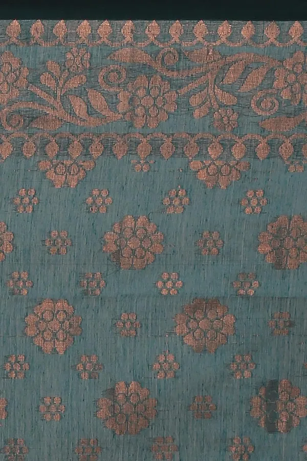 Dark_Teal_Green_Banarasi_Cotton_Silk_Handloom_Saree_With_Pure_Copper_Floral_Zari_Solid_Border_With_Blouse_Piece_For_Women