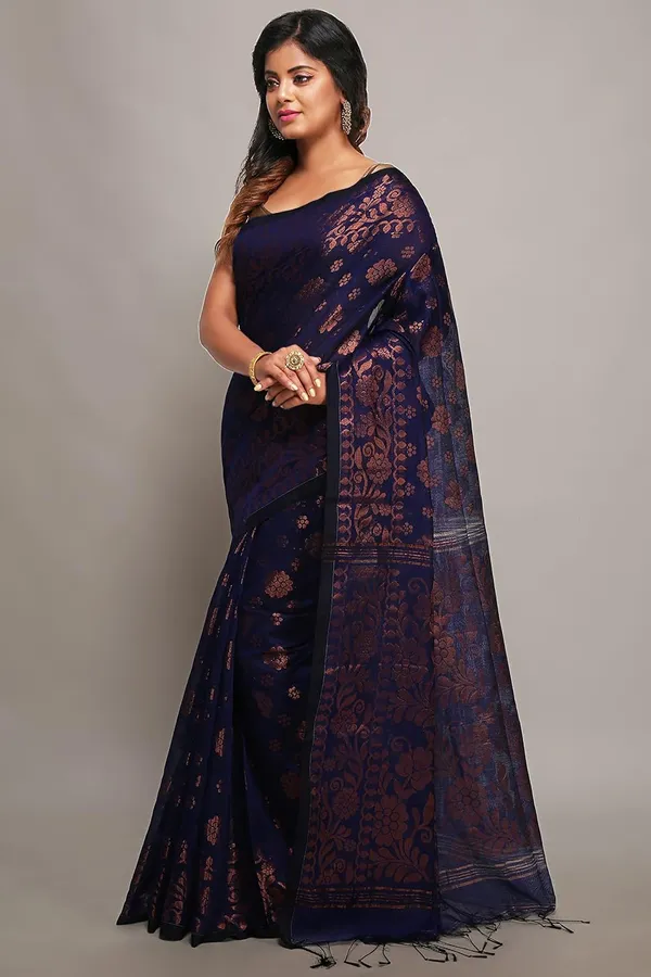 Royal_Blue_Banarasi_Cotton_Silk_Handloom_Saree_With_Pure_Copper_Floral_Zari_Solid_Border_With_Blouse_Piece_For_Women
