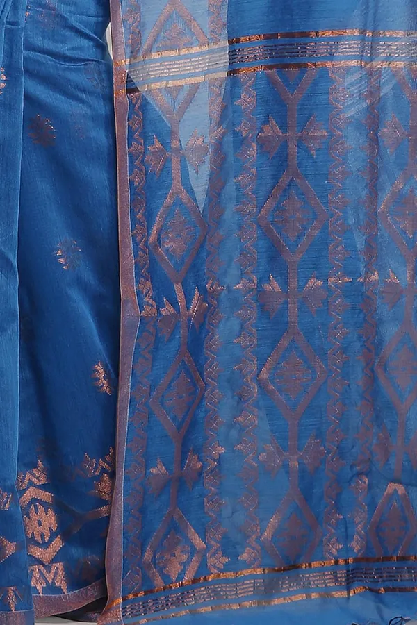 Aqua_Blue_Cotton_Silk_Handloom_Saree_With_Copper_Zari_Solid_Border_For_Women
