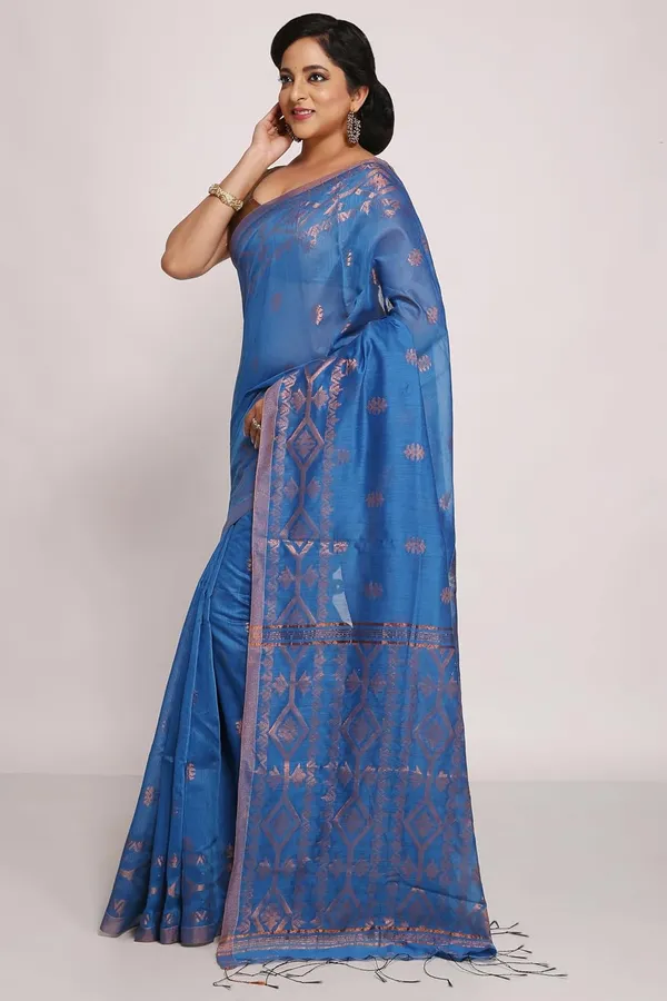 Aqua_Blue_Cotton_Silk_Handloom_Saree_With_Copper_Zari_Solid_Border_For_Women