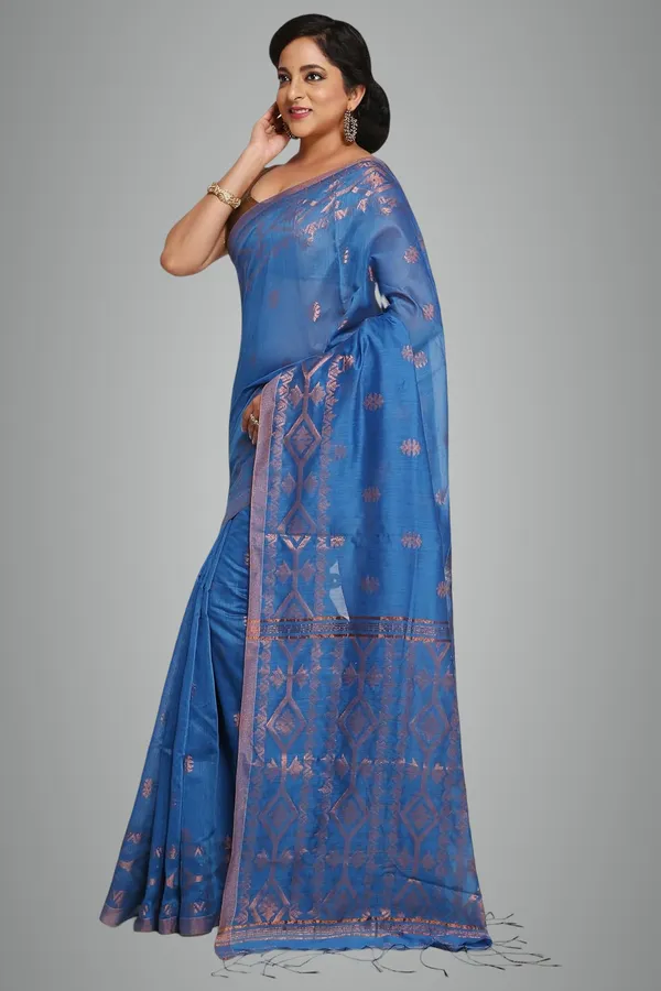 Aqua_Blue_Cotton_Silk_Handloom_Saree_With_Copper_Zari_Solid_Border_For_Women
