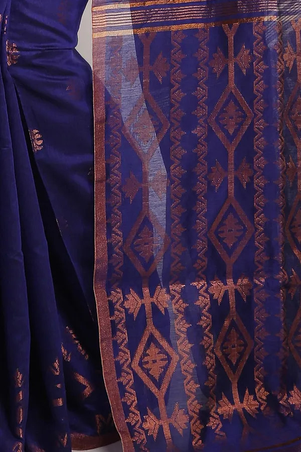 Royal_Blue_Cotton_Silk_Handloom_Saree_With_Copper_Zari_Solid_Border_For_Women