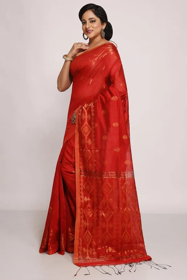 Red_Cotton_Silk_Handloom_Saree_With_Copper_Zari_Solid_Border_For_Women