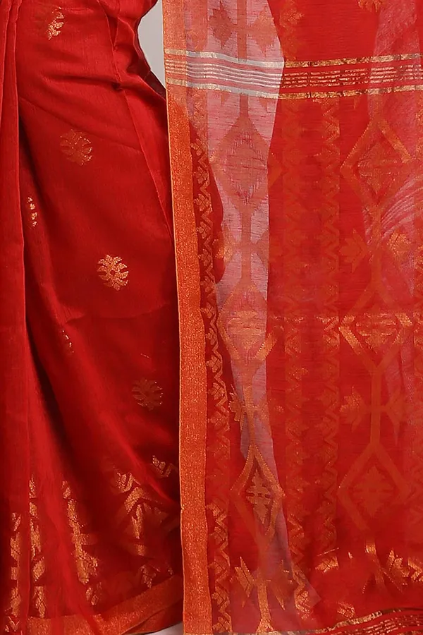 Red_Cotton_Silk_Handloom_Saree_With_Copper_Zari_Solid_Border_For_Women