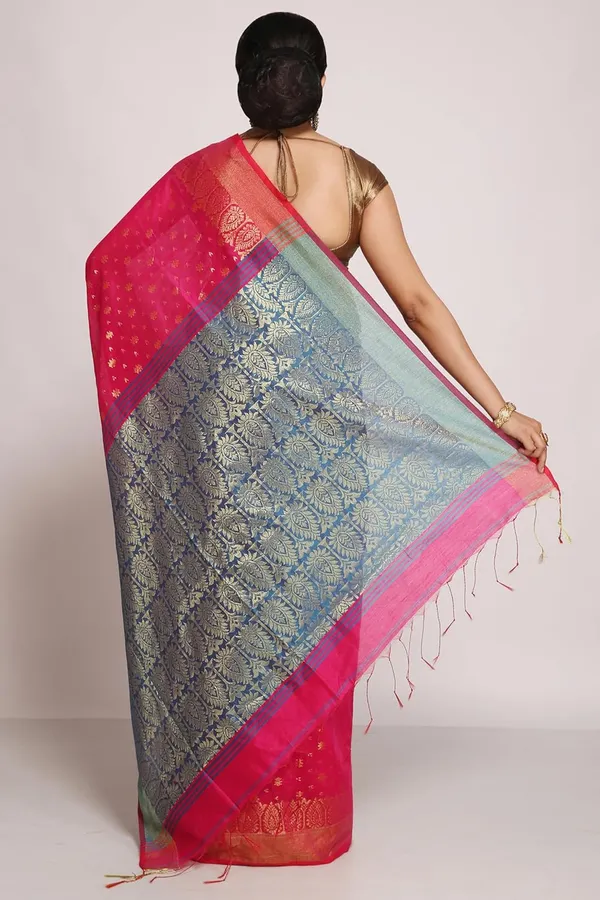 Pink_&_Aqua_Blue_Cotton_Silk_Handloom_Saree_With_Pure_Golden_Zari_Solid_Border_For_Women