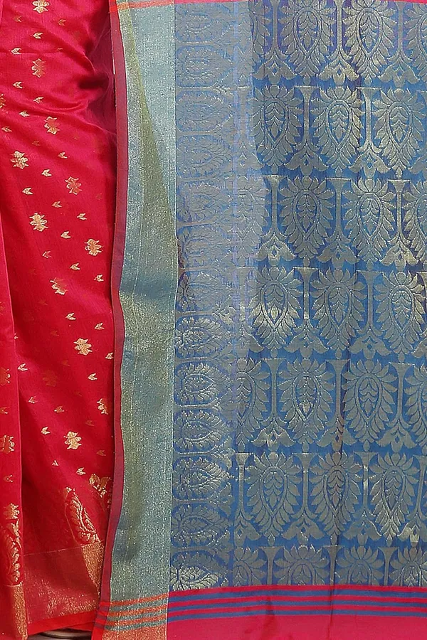 Pink_&_Aqua_Blue_Cotton_Silk_Handloom_Saree_With_Pure_Golden_Zari_Solid_Border_For_Women