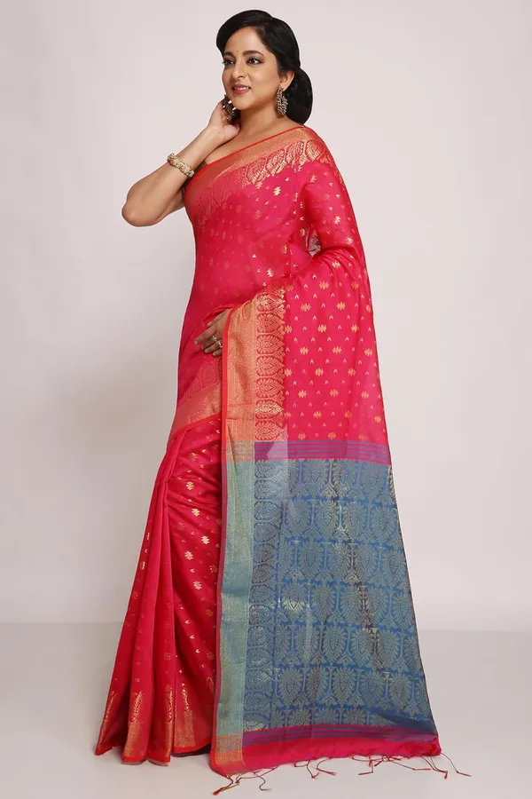 Pink_&_Aqua_Blue_Cotton_Silk_Handloom_Saree_With_Pure_Golden_Zari_Solid_Border_For_Women