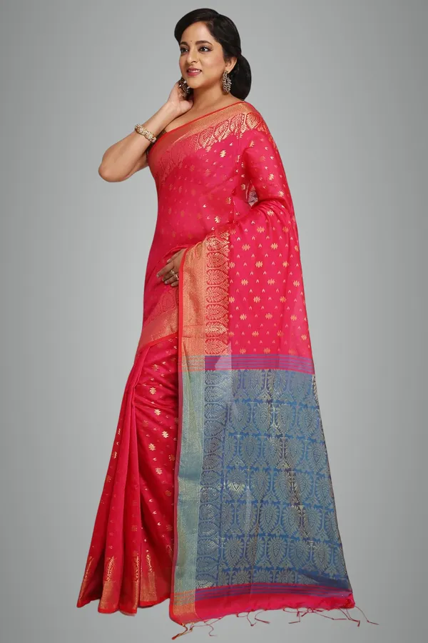 Pink_&_Aqua_Blue_Cotton_Silk_Handloom_Saree_With_Pure_Golden_Zari_Solid_Border_For_Women