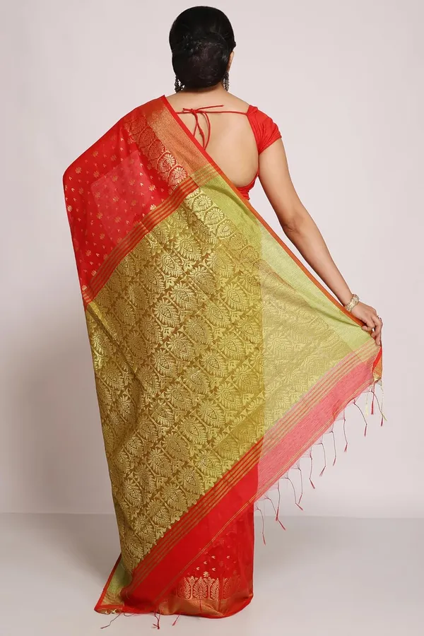 Red_&_Green_cotton_Silk_Handloom_Saree_With_Pure_Golden_Zari_Solid_Border_For_Women
