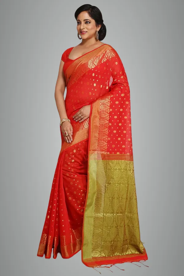 Red_&_Green_cotton_Silk_Handloom_Saree_With_Pure_Golden_Zari_Solid_Border_For_Women