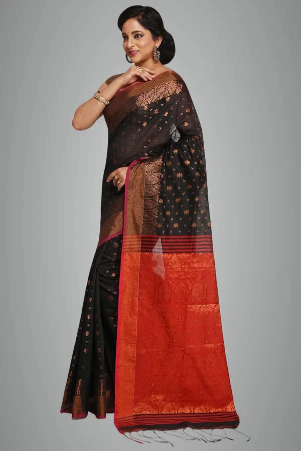 Black_&_Red_Cotton_Silk_Handloom_Saree_With_Pure_Copper_Zari_Solid_Border_For_Women