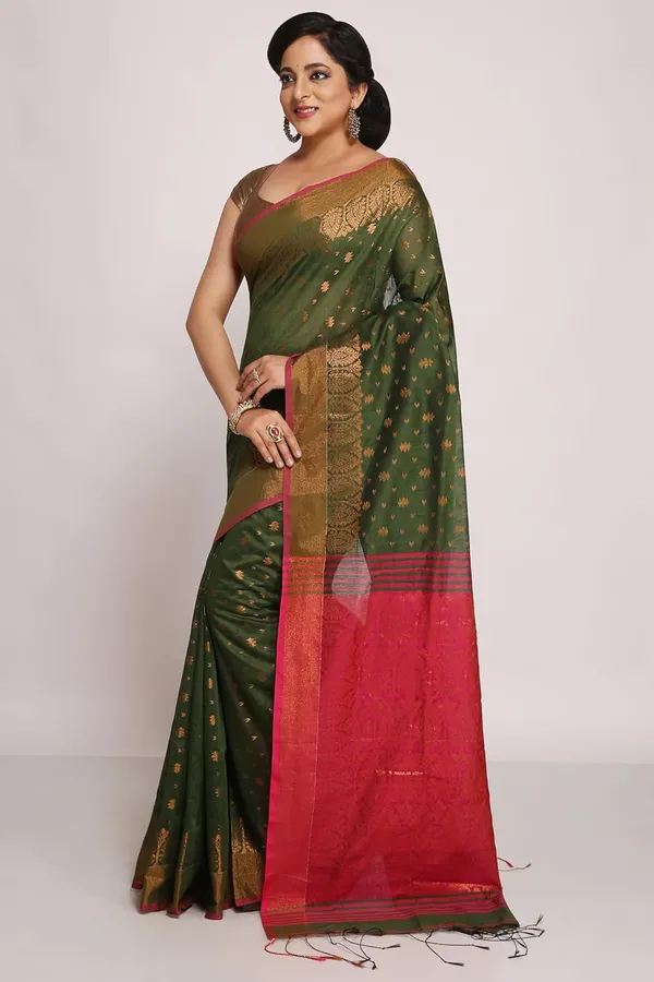 Dark_Green_&_Pink_Cotton_Silk_Handloom_Saree_With_Pure_Copper_Zari_Solid_Border_For_Women