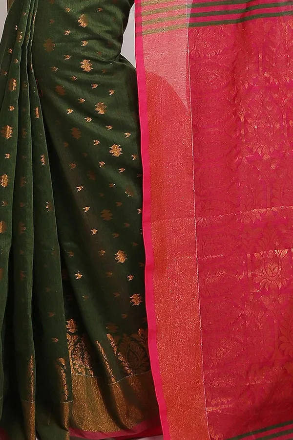 Dark_Green_&_Pink_Cotton_Silk_Handloom_Saree_With_Pure_Copper_Zari_Solid_Border_For_Women