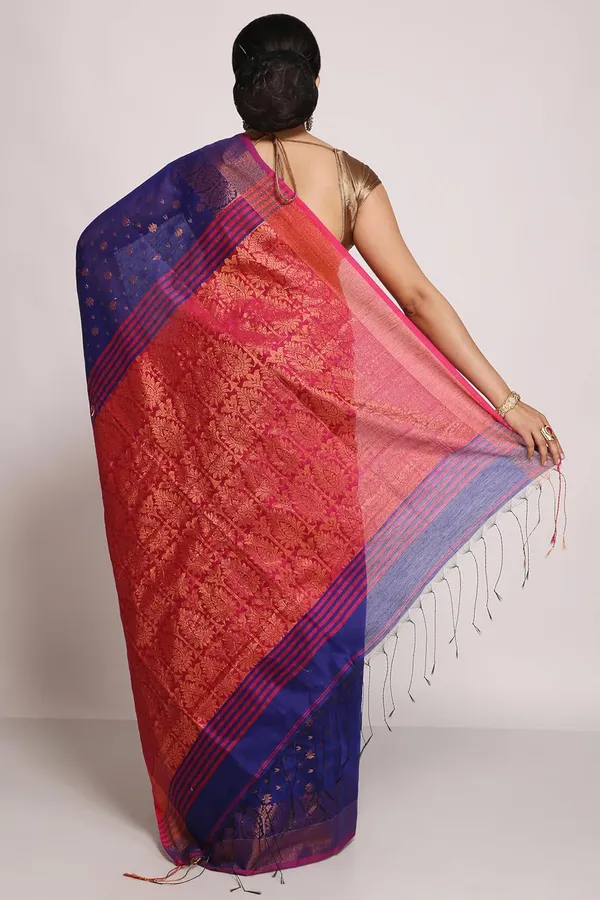 Royal_Blue_&_Pink_Cotton_Silk_Handloom_Saree_With_Pure_Copper_Zari_Solid_Border_For_Women