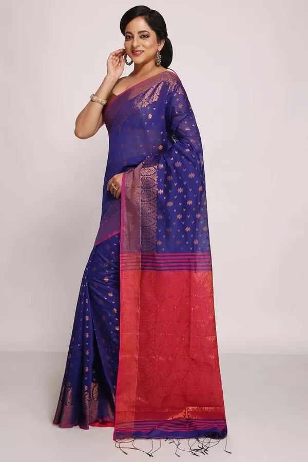 Royal_Blue_&_Pink_Cotton_Silk_Handloom_Saree_With_Pure_Copper_Zari_Solid_Border_For_Women