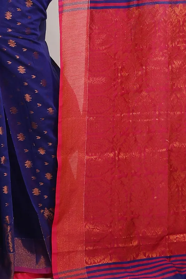 Royal_Blue_&_Pink_Cotton_Silk_Handloom_Saree_With_Pure_Copper_Zari_Solid_Border_For_Women