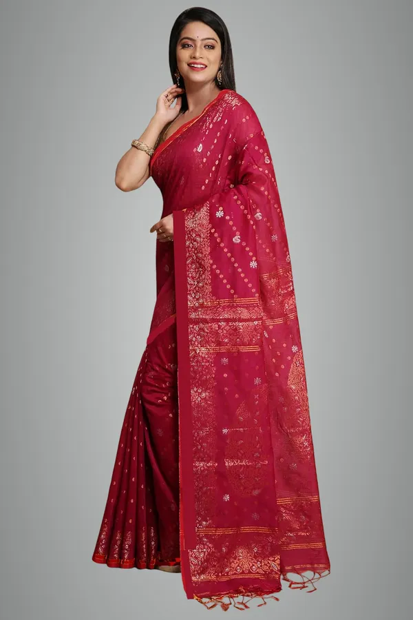 Maroon_Banarasi_Cotton_Silk_Handloom_Saree_With_Designer_Border_For_Women