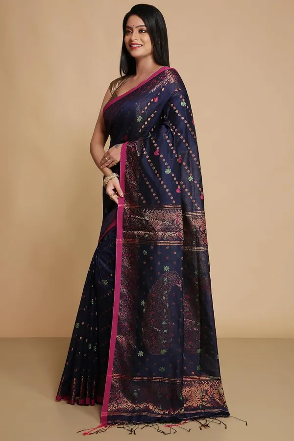 Navy_Blue_Banarasi_Cotton_Silk_Handloom_Saree_With_Designer_Border_For_Women