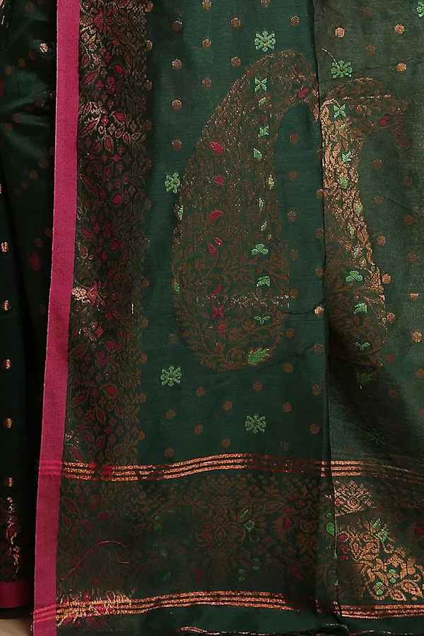 Dark_Green_Banarasi_Cotton_Silk_Handloom_Saree_With_Designer_Border_For_Women
