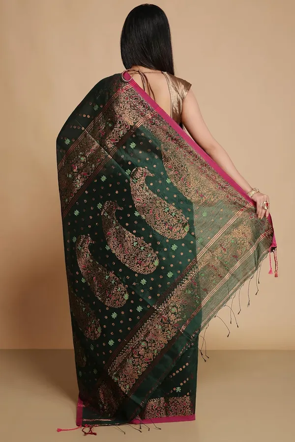 Dark_Green_Banarasi_Cotton_Silk_Handloom_Saree_With_Designer_Border_For_Women