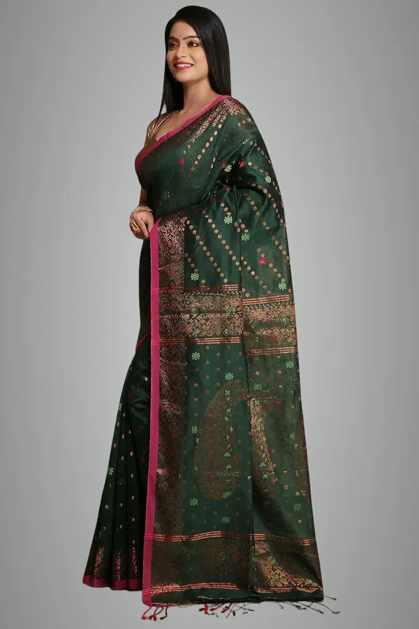 Dark_Green_Banarasi_Cotton_Silk_Handloom_Saree_With_Designer_Border_For_Women