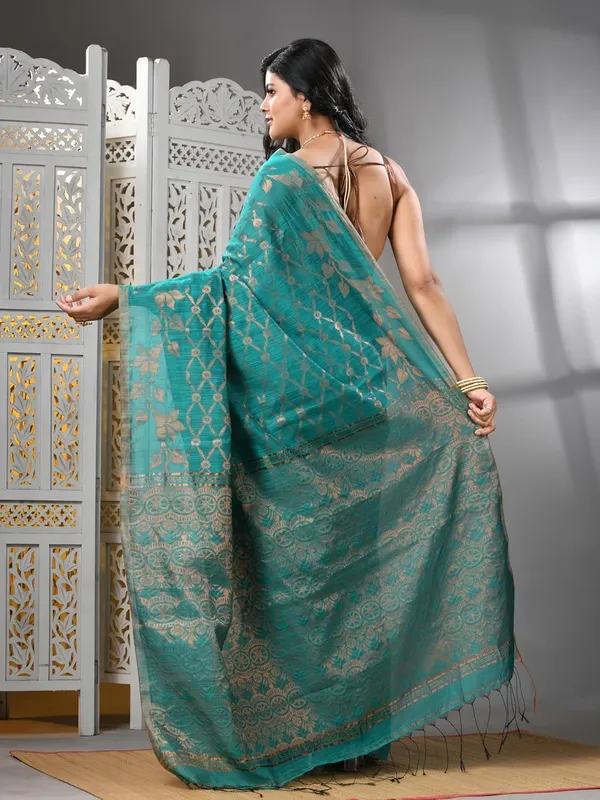 Sea_Green_Cotton_Silk_Handloom_Banarasi_Saree_With_Exquisite_Designer_Border_For_Women