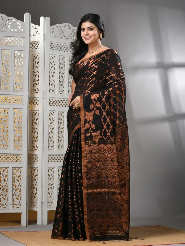 Black_Cotton_Silk_Handloom_Banarasi_Saree_With_Exquisite_Designer_Border_For_Women