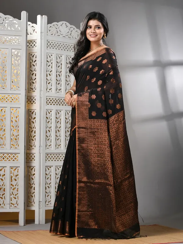 Black_Cotton_Silk_Handloom_Banarasi_Saree_With_Pure_Copper_Zari_Designer_Border_For_Women