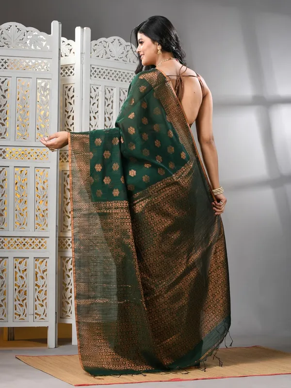 Green_Cotton_Silk_Handloom_Banarasi_Saree_With_Pure_Copper_Zari_Designer_Border_For_Women
