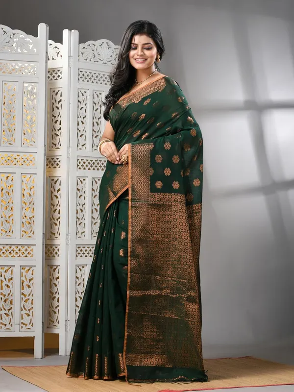 Green_Cotton_Silk_Handloom_Banarasi_Saree_With_Pure_Copper_Zari_Designer_Border_For_Women