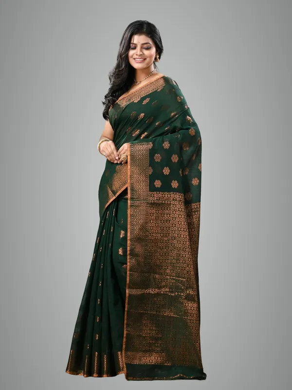Green_Cotton_Silk_Handloom_Banarasi_Saree_With_Pure_Copper_Zari_Designer_Border_For_Women