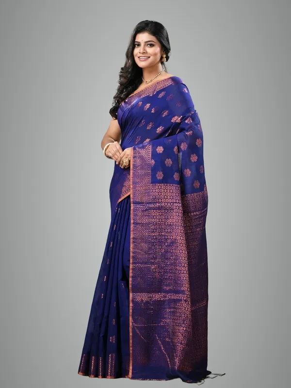 Blue_Cotton_Silk_Handloom_Banarasi_Saree_With_Pure_Copper_Zari_Designer_Border_For_Women