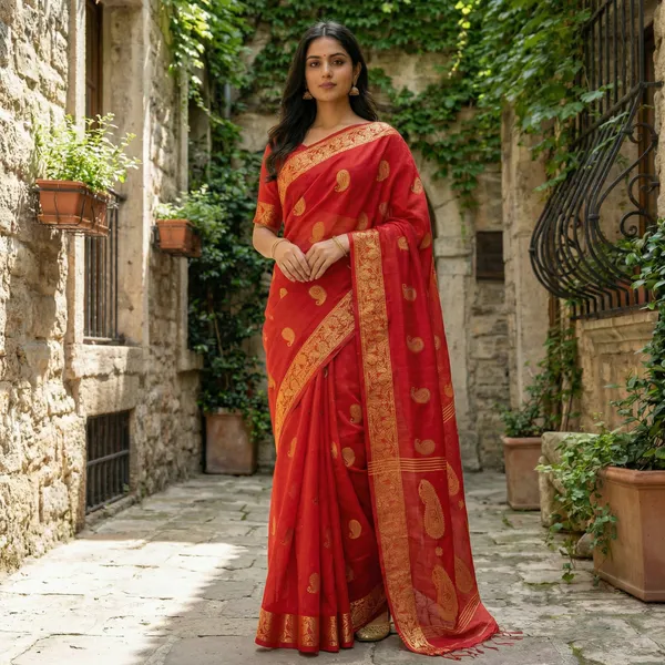 WoodenTant_Women's_handloom_woven_cotton_silk_Bengal_banarasi_saree_in_red_with_all_over_pure_golden_zari_kalka_work_with_unstitch_running_blouse_piece._Steal_the_limelight_with_this_Bengal_made_banarasi_saree.
