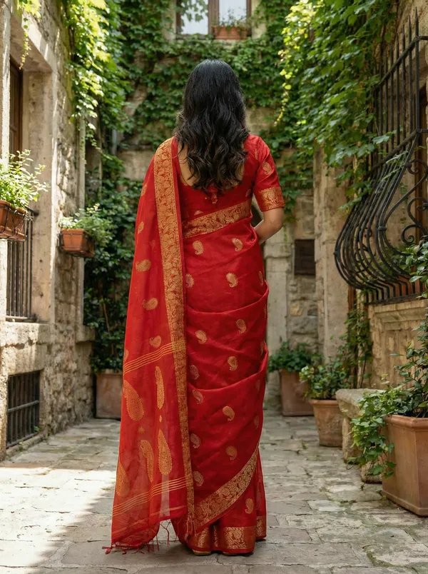 WoodenTant_Women's_handloom_woven_cotton_silk_Bengal_banarasi_saree_in_red_with_all_over_pure_golden_zari_kalka_work_with_unstitch_running_blouse_piece._Steal_the_limelight_with_this_Bengal_made_banarasi_saree.