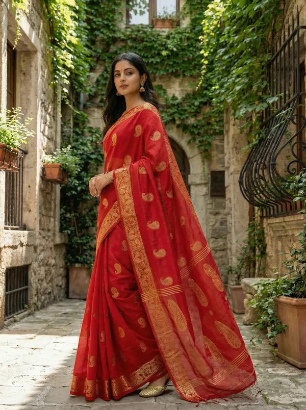 WoodenTant_Women's_handloom_woven_cotton_silk_Bengal_banarasi_saree_in_red_with_all_over_pure_golden_zari_kalka_work_with_unstitch_running_blouse_piece._Steal_the_limelight_with_this_Bengal_made_banarasi_saree.